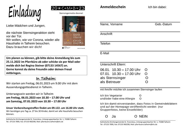 Anmeldeformular für die Sternsinger in Talheim